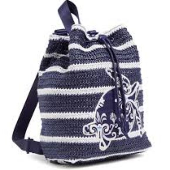 Steel Blue Medallion Straw Drawstring Backpack Vera Bradley EUC 1day Sale⬇️ - Picture 1 of 2